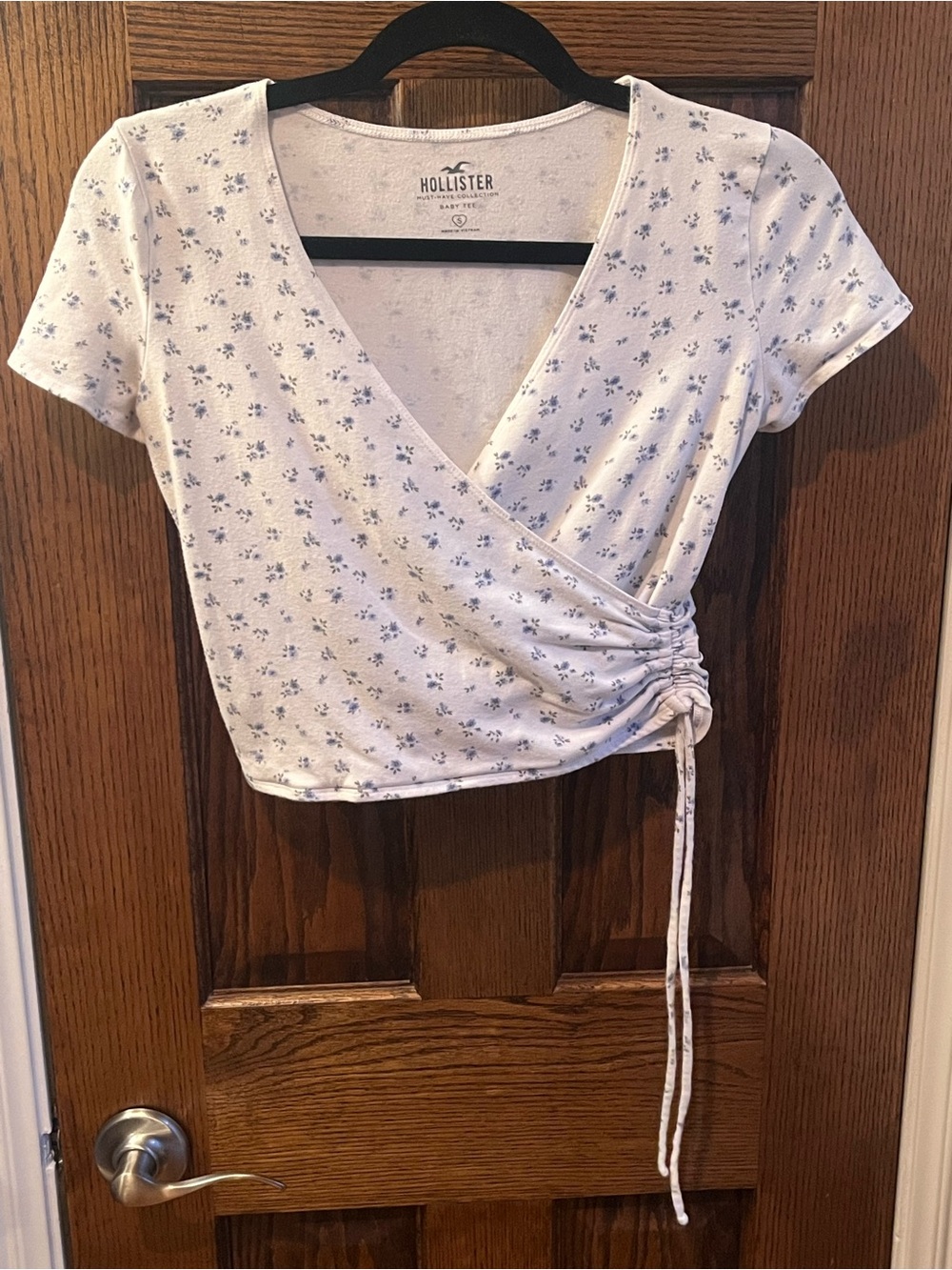 Hollister White Wrap Crop Top with Blue Floral Print